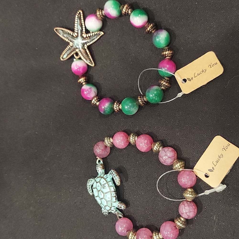 NWT Gemstone Bracelet Set with Turtle and Starfish Charms - Picture 4 of 6